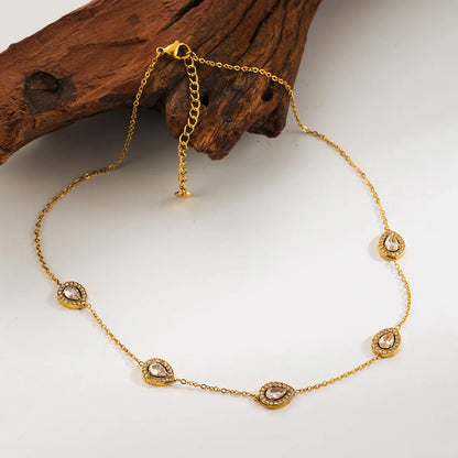 304 Stainless Steel 18K Gold Plated Simple Style Classic Style Inlay Oval Water Droplets Zircon Necklace