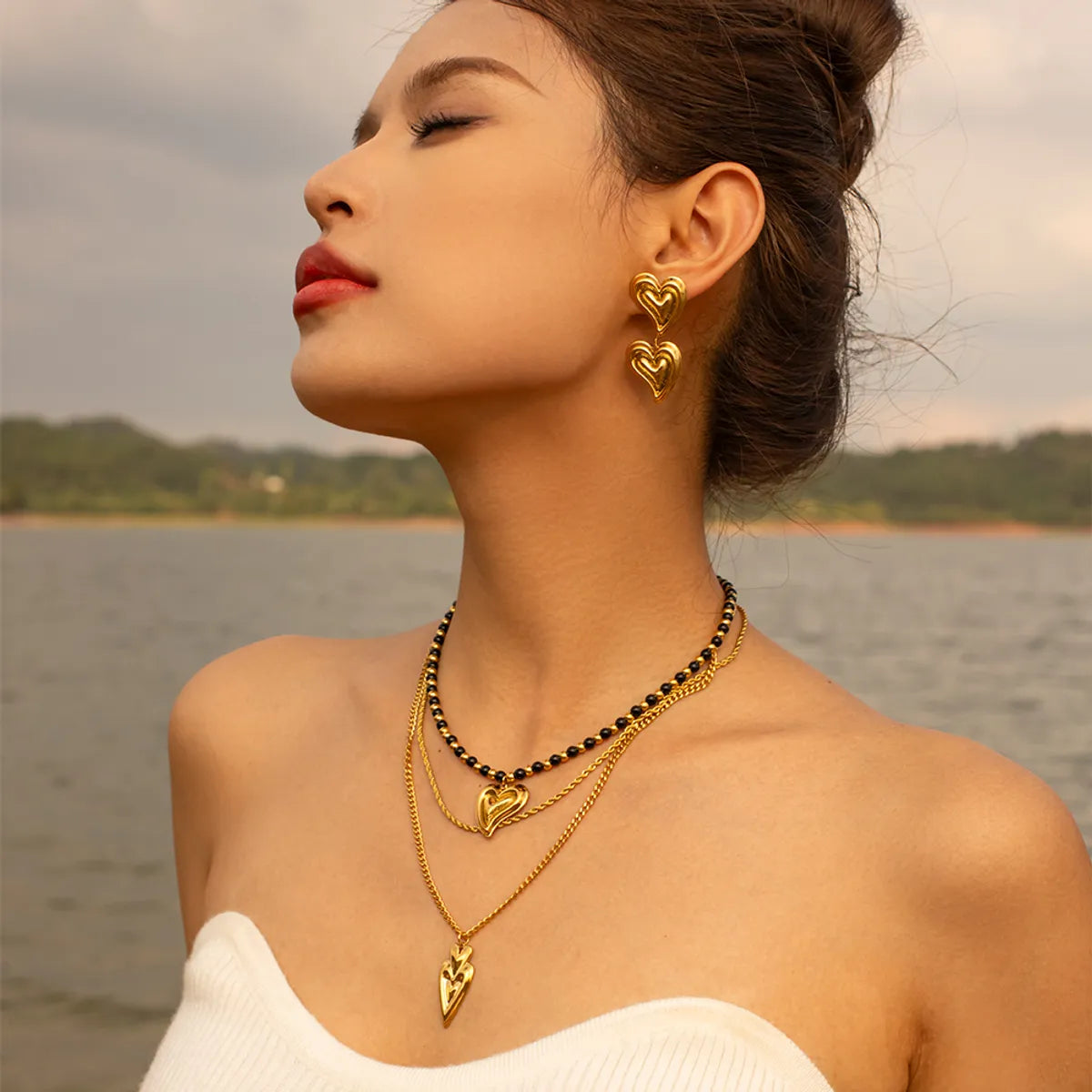 304 Stainless Steel 18K Gold Plated Simple Style Classic Style Plating Heart Shape Earrings Necklace