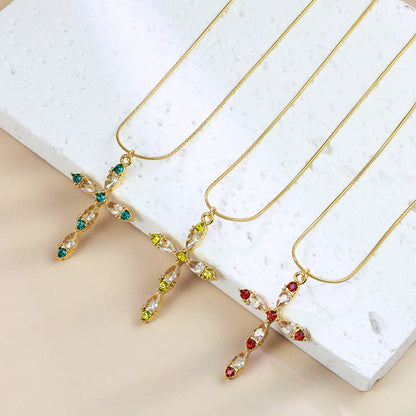 Wholesale Jewelry Simple Style Classic Style Cross 304 Stainless Steel Zircon 18K Gold Plated Plating Inlay Pendant Necklace