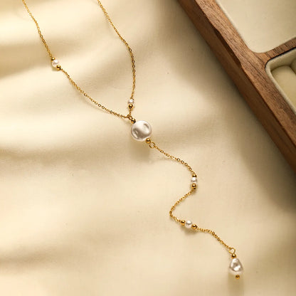 304 Stainless Steel 18K Gold Plated Simple Style Classic Style Plating Inlay Solid Color Artificial Pearls Necklace