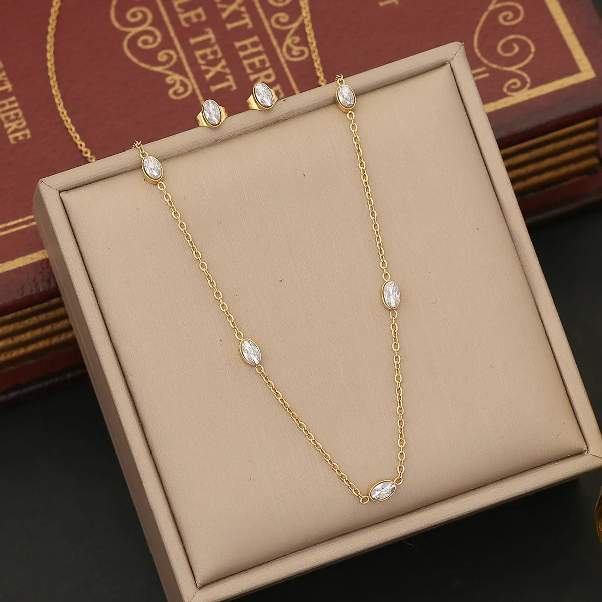 304 Stainless Steel 18K Gold Plated Simple Style Commute Inlay Oval Heart Shape Zircon Jewelry Set