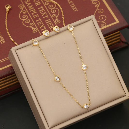 304 Stainless Steel 18K Gold Plated Simple Style Commute Inlay Oval Heart Shape Zircon Jewelry Set