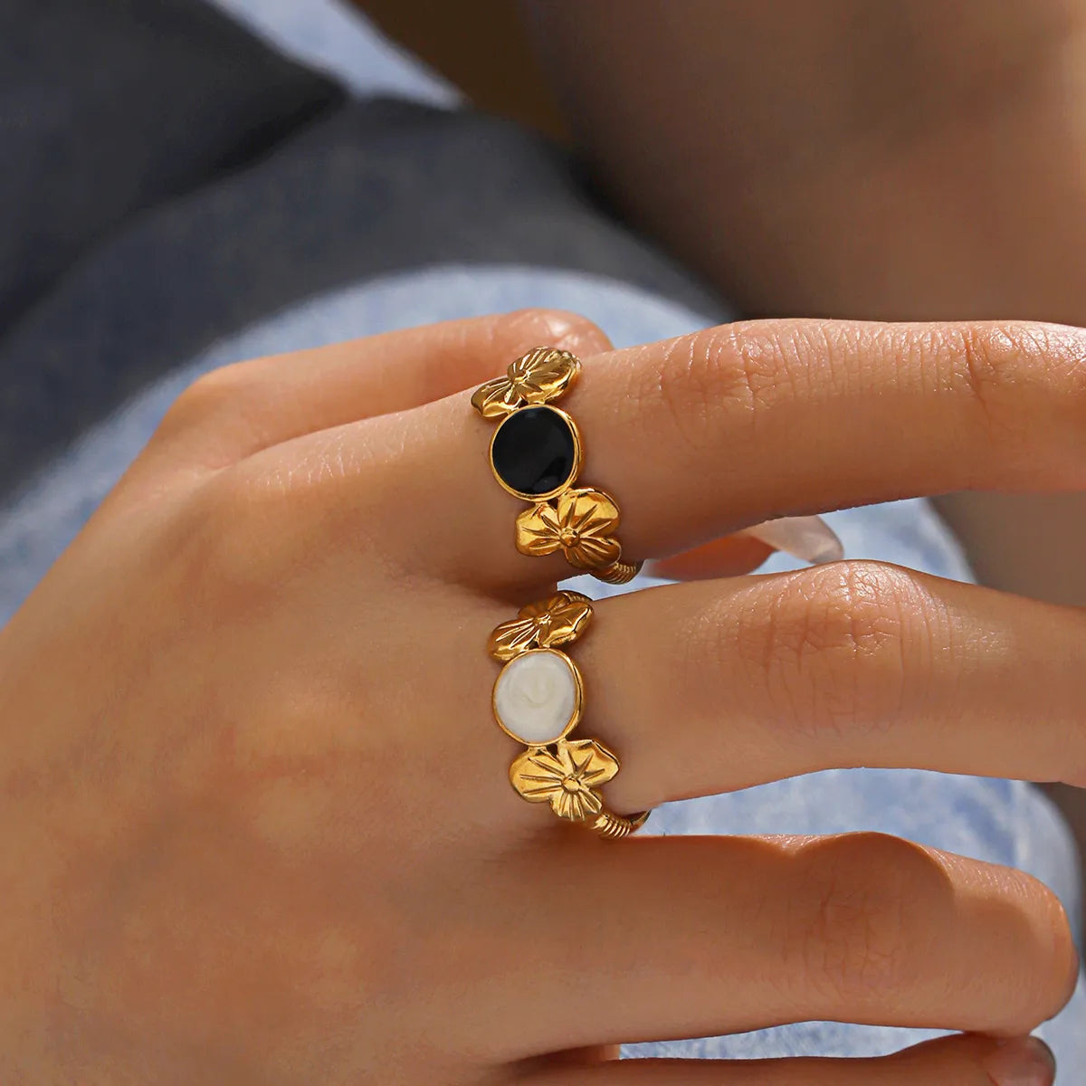 304 Stainless Steel 18K Gold Plated Simple Style Enamel Flower Open Rings