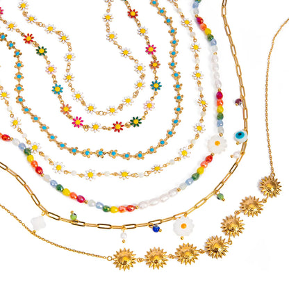 304 Stainless Steel 18K Gold Plated Sweet Classic Style Beaded Enamel Colorful Daisy Necklace