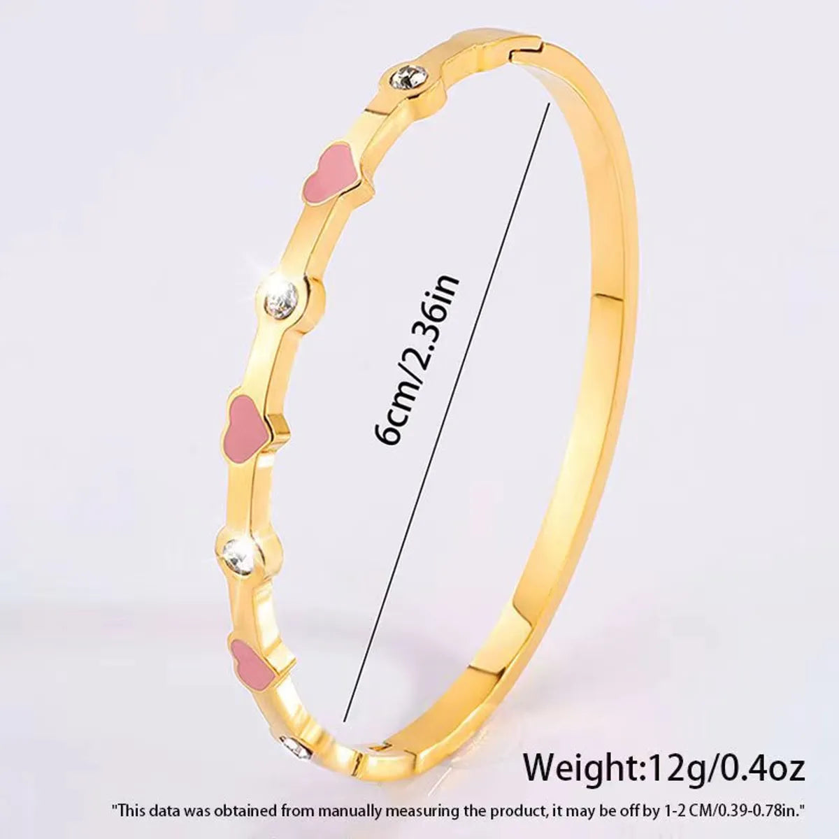 304 Stainless Steel 18K Gold Plated Sweet Simple Style Enamel Inlay Heart Shape Rhinestones Bangle