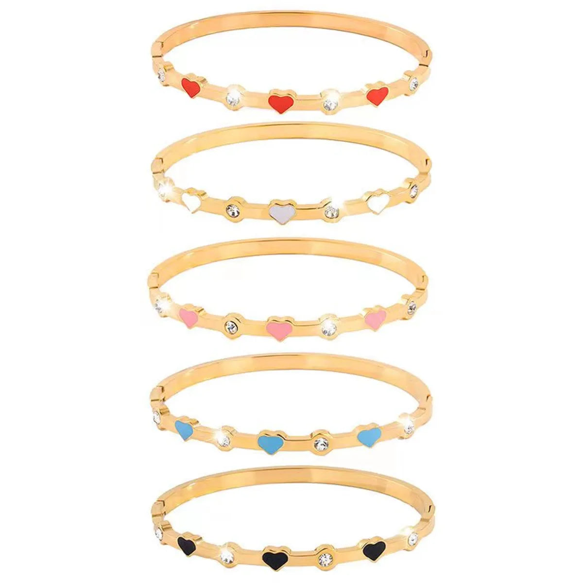 304 Stainless Steel 18K Gold Plated Sweet Simple Style Enamel Inlay Heart Shape Rhinestones Bangle