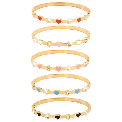 304 Stainless Steel 18K Gold Plated Sweet Simple Style Enamel Inlay Heart Shape Rhinestones Bangle