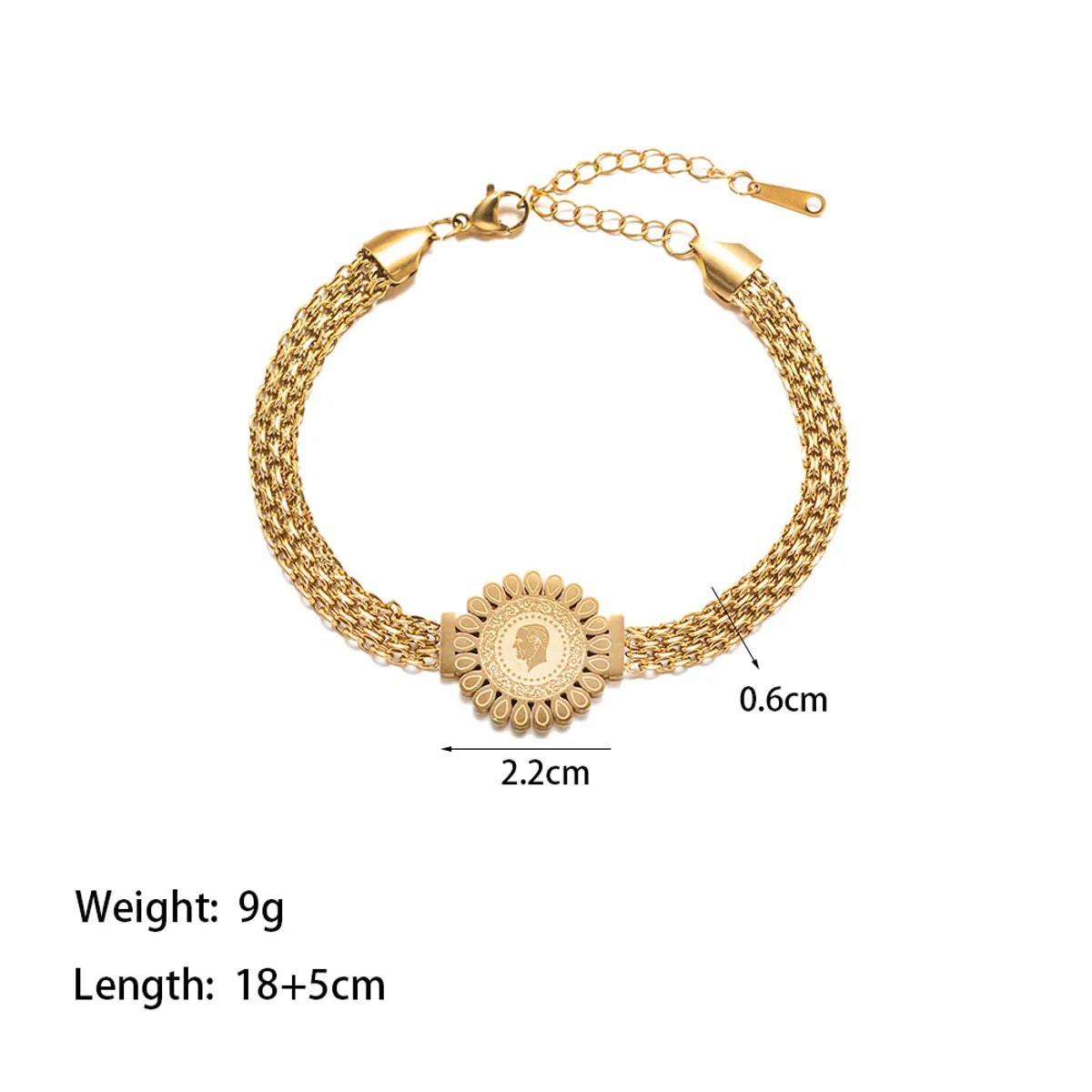 304 Stainless Steel 18K Gold Plated Vintage Style Classic Style Commute Polishing Plating Portrait Flower Bracelets