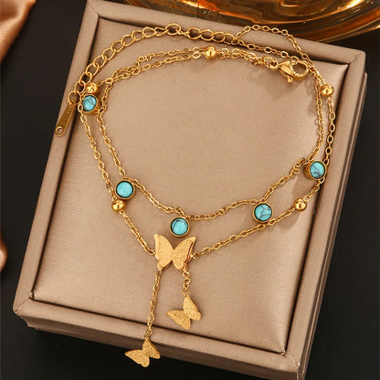 Wholesale Jewelry Vintage Style Novelty Classic Style Star Life Tree Butterfly 304 Stainless Steel Turquoise Rhinestone Artificial Rhinestones Turquoise 18K Gold Plated Plating Inlay Bracelets Anklet