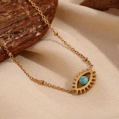 304 Stainless Steel 18K Gold Plated Vintage Style Simple Style Classic Style Plating Hollow Out Inlay Devil'S Eye Turquoise Necklace