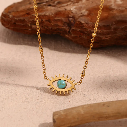 304 Stainless Steel 18K Gold Plated Vintage Style Simple Style Classic Style Plating Hollow Out Inlay Devil'S Eye Turquoise Necklace