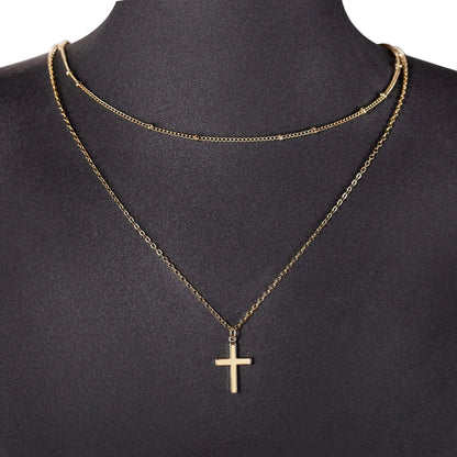 304 Stainless Steel Casual Simple Style Cross Double Layer Necklaces Pendant Necklace