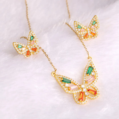 304 Stainless Steel Copper 18K Gold Plated Casual Elegant Lady Plating Inlay Butterfly Zircon Earrings Necklace Jewelry Set