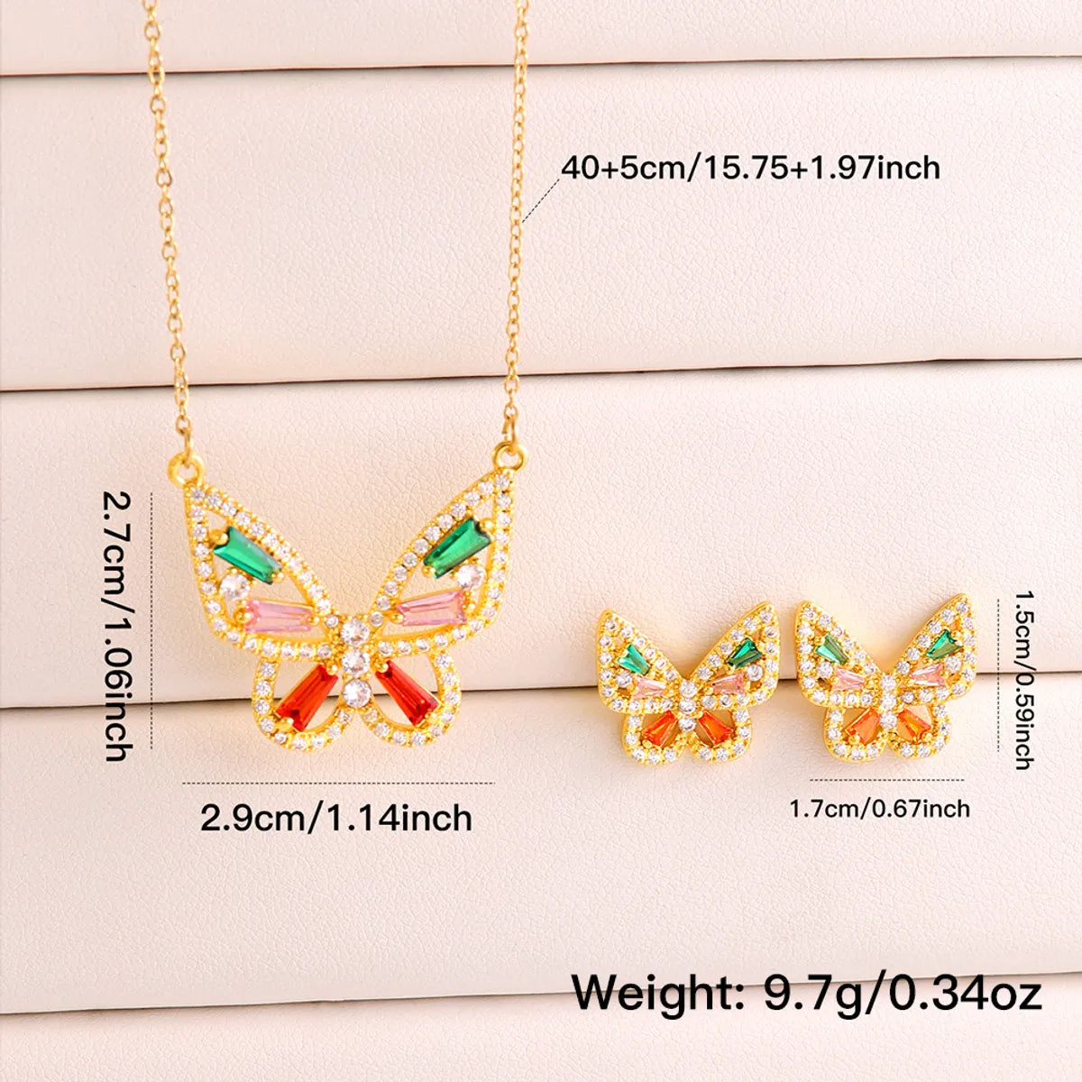 304 Stainless Steel Copper 18K Gold Plated Casual Elegant Lady Plating Inlay Butterfly Zircon Earrings Necklace Jewelry Set