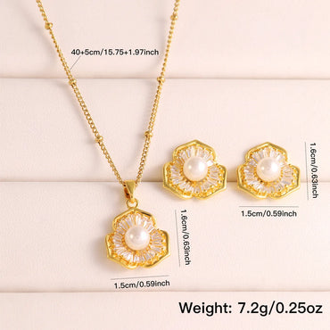 304 Stainless Steel Copper 18K Gold Plated Casual Elegant Shiny Plating Inlay Flower Artificial Pearls Zircon Earrings Necklace Jewelry Set