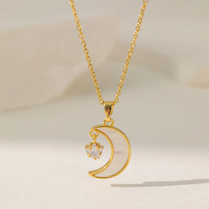 304 Stainless Steel Copper 18K Gold Plated Casual Simple Style Commute Inlay Moon Butterfly Acrylic Artificial Rhinestones Pendant Necklace Necklace