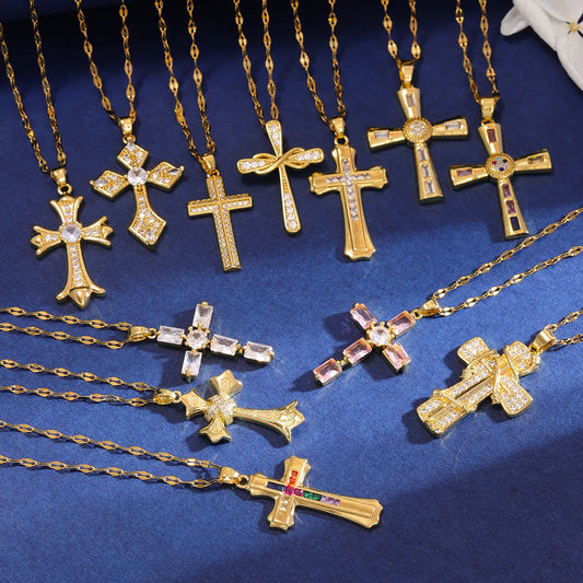 Wholesale Classic Style Cross 304 Stainless Steel Copper Inlay 18K Gold Plated Zircon Pendant Necklace