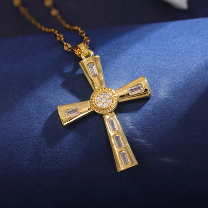 Wholesale Classic Style Cross 304 Stainless Steel Copper Inlay 18K Gold Plated Zircon Pendant Necklace