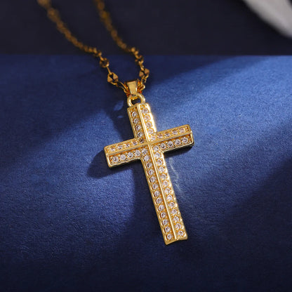 Wholesale Classic Style Cross 304 Stainless Steel Copper Inlay 18K Gold Plated Zircon Pendant Necklace