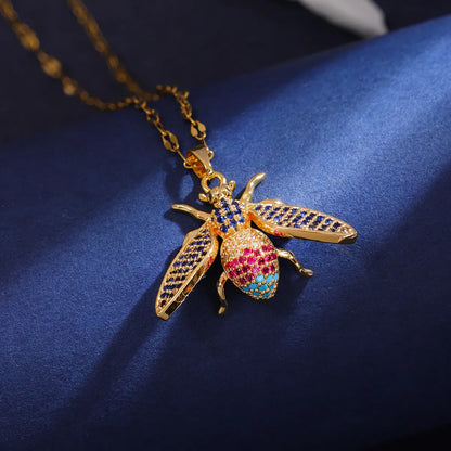 Wholesale Cute Animal Insect 304 Stainless Steel Copper Inlay 18K Gold Plated Zircon Pendant Necklace