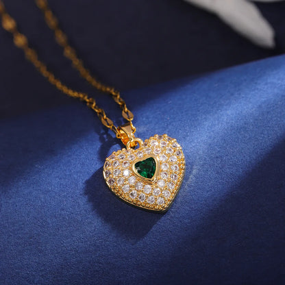 Wholesale Elegant Heart Shape 304 Stainless Steel Copper Inlay 18K Gold Plated Zircon Pendant Necklace