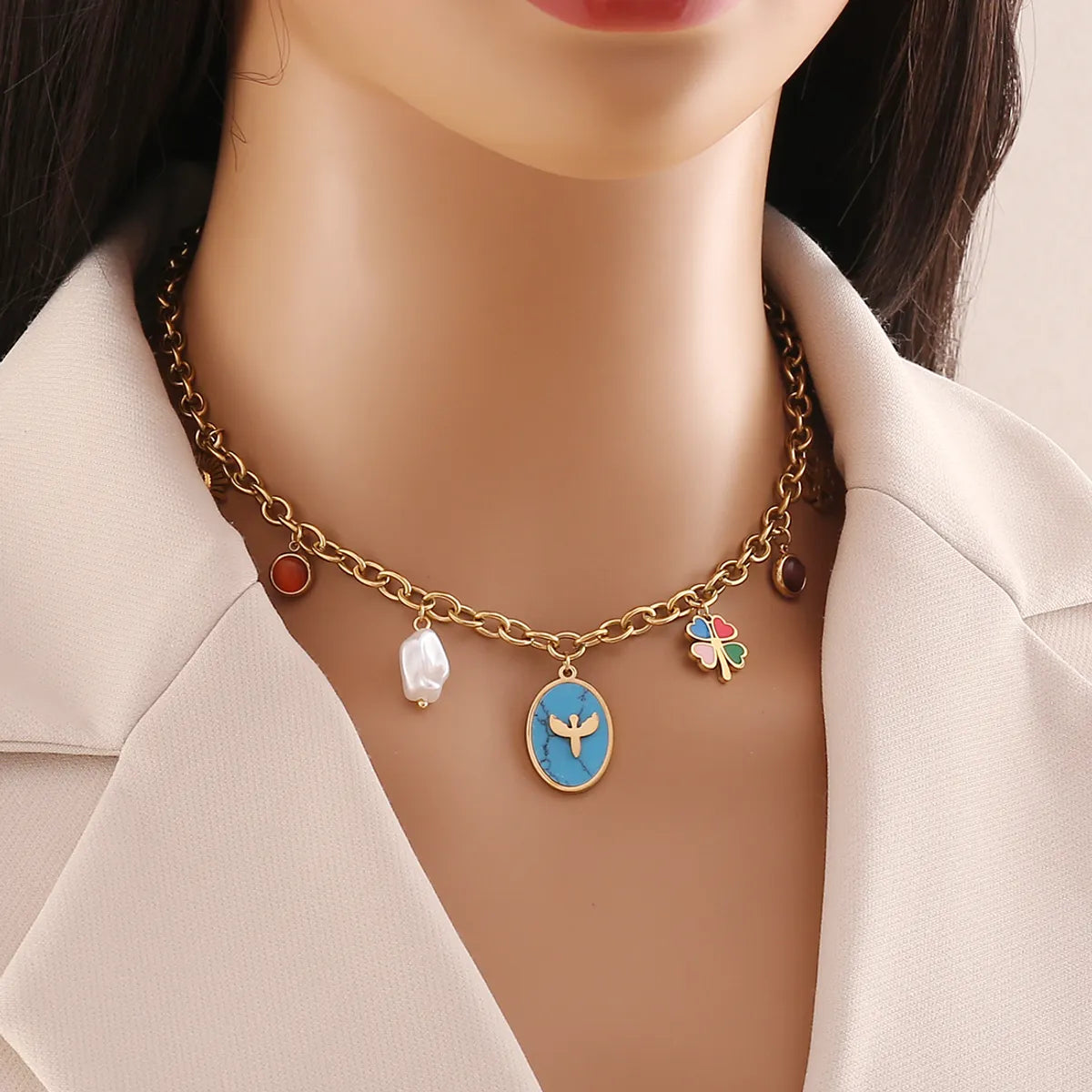 304 Stainless Steel Copper 18K Gold Plated Flowers Inlay Flower Shell Glass Double Layer Necklaces