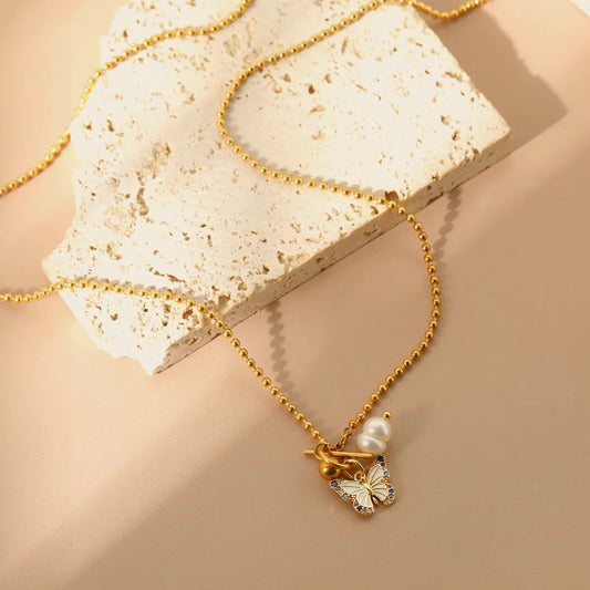 304 Stainless Steel Copper 18K Gold Plated Inlay Butterfly Freshwater Pearl Copper Zircon Pendant Necklace