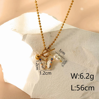 304 Stainless Steel Copper 18K Gold Plated Inlay Butterfly Freshwater Pearl Copper Zircon Pendant Necklace