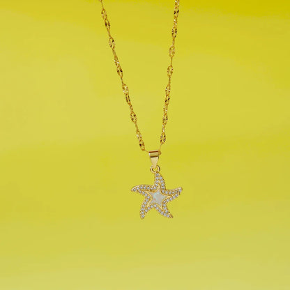 304 Stainless Steel Copper 18K Gold Plated Inlay Starfish Gem Resin Zircon Pendant Necklace