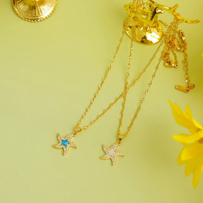 304 Stainless Steel Copper 18K Gold Plated Inlay Starfish Gem Resin Zircon Pendant Necklace