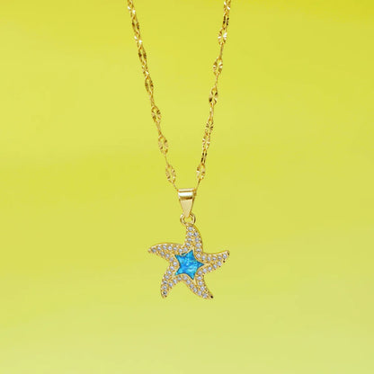 304 Stainless Steel Copper 18K Gold Plated Inlay Starfish Gem Resin Zircon Pendant Necklace