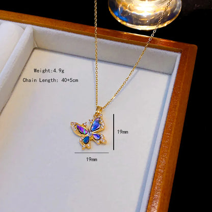 304 Stainless Steel Copper 18K Gold Plated K Gold Plated Cute Inlay Flower Butterfly Acrylic Shell Zircon Pendant Necklace