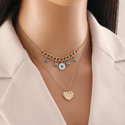 304 Stainless Steel Copper 18K Gold Plated Plating Inlay Eye Zircon Double Layer Necklaces