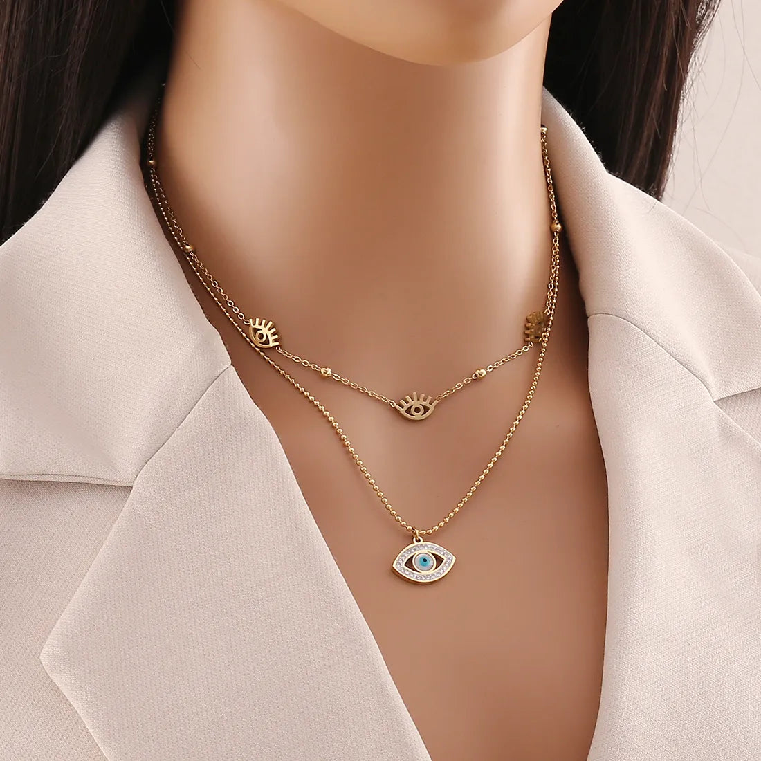 304 Stainless Steel Copper 18K Gold Plated Plating Inlay Eye Zircon Double Layer Necklaces