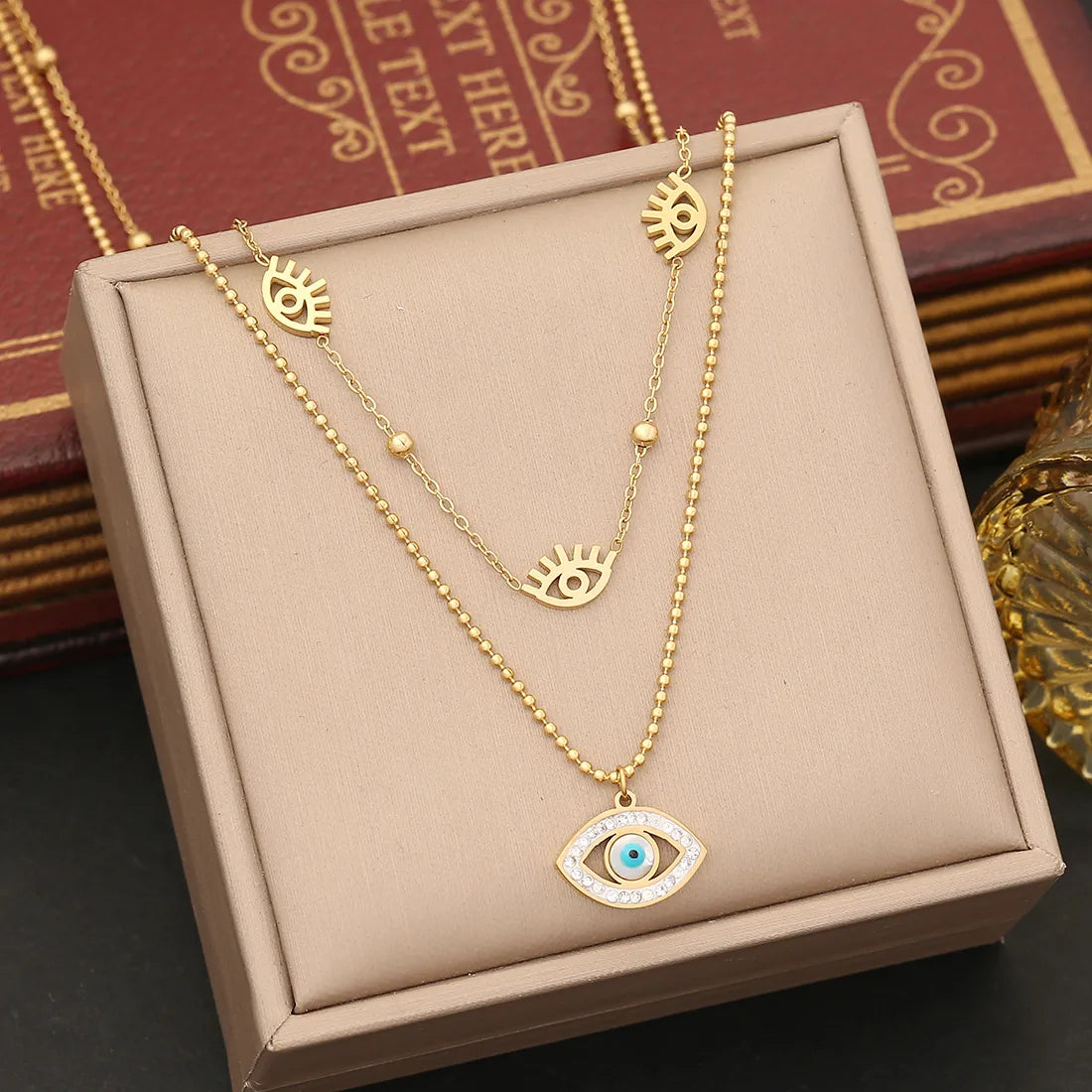 304 Stainless Steel Copper 18K Gold Plated Plating Inlay Eye Zircon Double Layer Necklaces