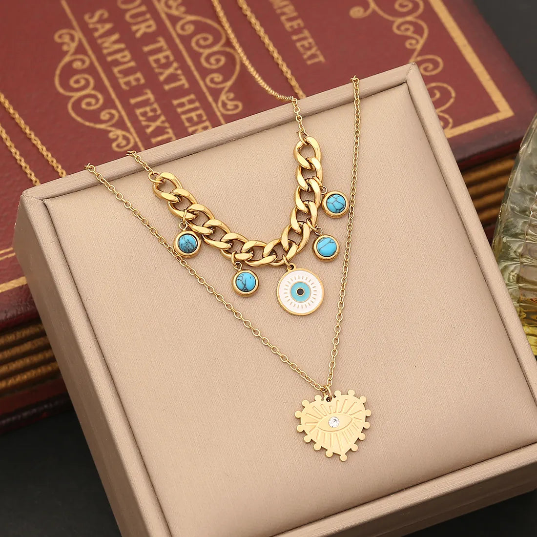 304 Stainless Steel Copper 18K Gold Plated Plating Inlay Eye Zircon Double Layer Necklaces