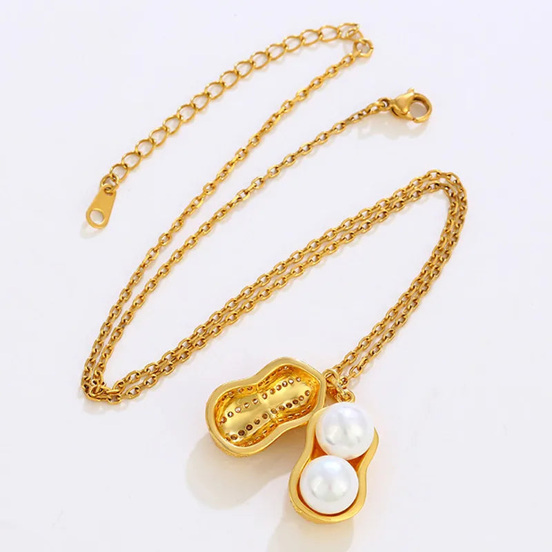 304 Stainless Steel Copper 24K Gold Plated Retro Classic Style Plating Inlay Peanut Artificial Gemstones Pendant Necklace