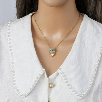 304 Stainless Steel Copper Casual Lady Sweet Inlay Heart Shape Crown Rhinestones Pendant Necklace