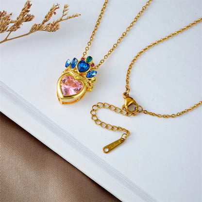 304 Stainless Steel Copper Casual Lady Sweet Inlay Heart Shape Crown Rhinestones Pendant Necklace