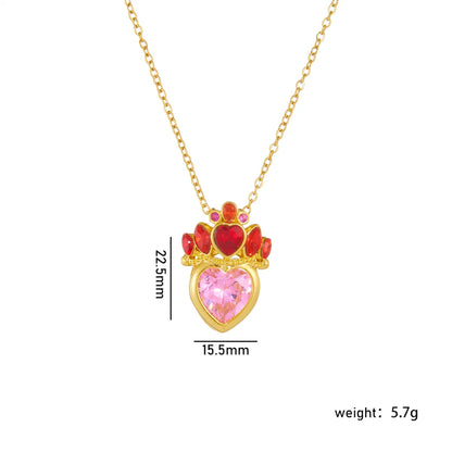 304 Stainless Steel Copper Casual Lady Sweet Inlay Heart Shape Crown Rhinestones Pendant Necklace