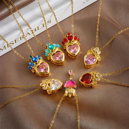 304 Stainless Steel Copper Casual Lady Sweet Inlay Heart Shape Crown Rhinestones Pendant Necklace