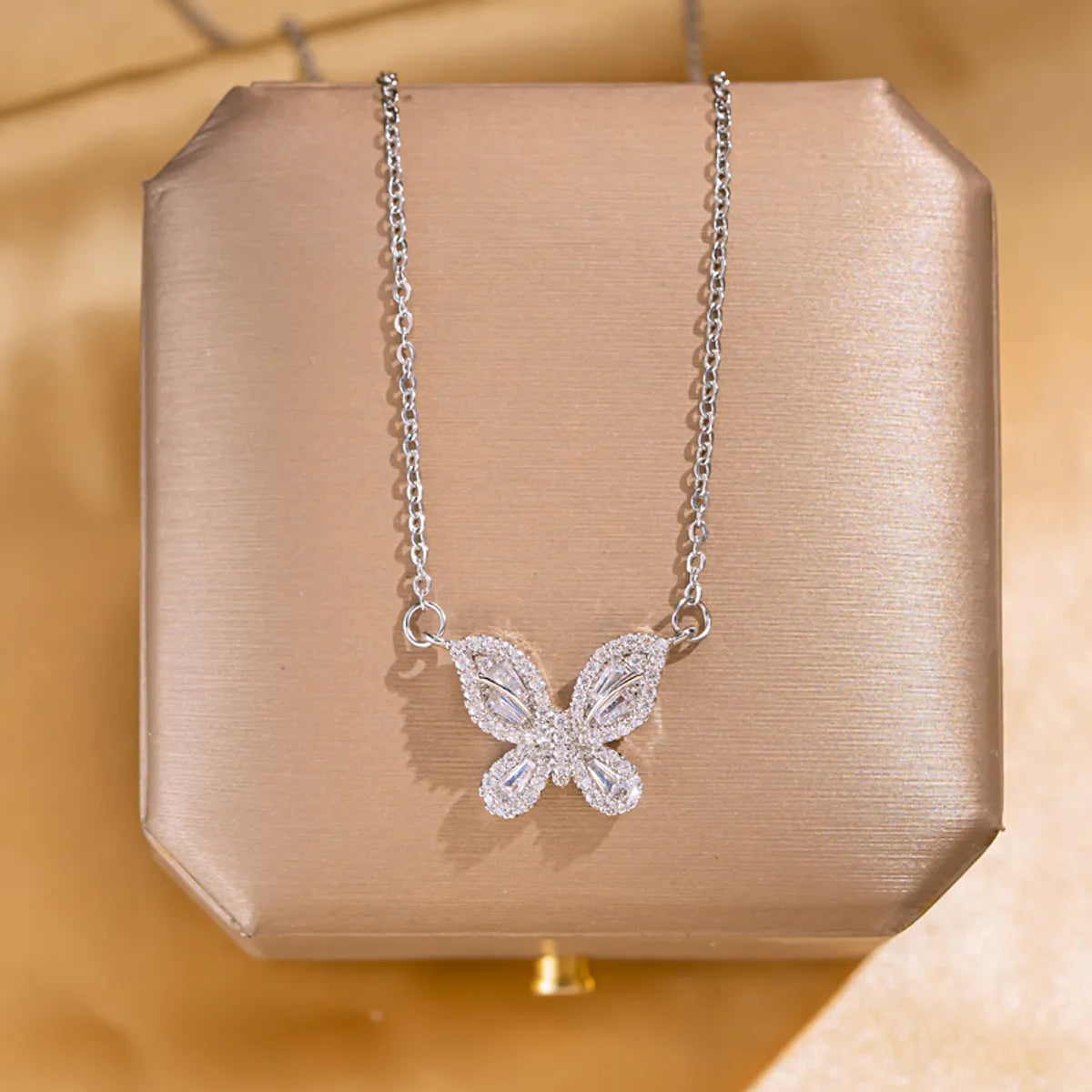 Wholesale Jewelry Elegant Lady Modern Style Letter Butterfly Lock 304 Stainless Steel Copper Acrylic Zircon K Gold Plated Inlay Pendant Necklace