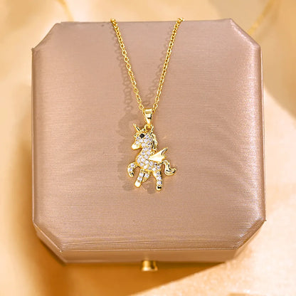 Wholesale Cute Shiny  304 Stainless Steel Copper Inlay Gold Plated Zircon Pendant Necklace