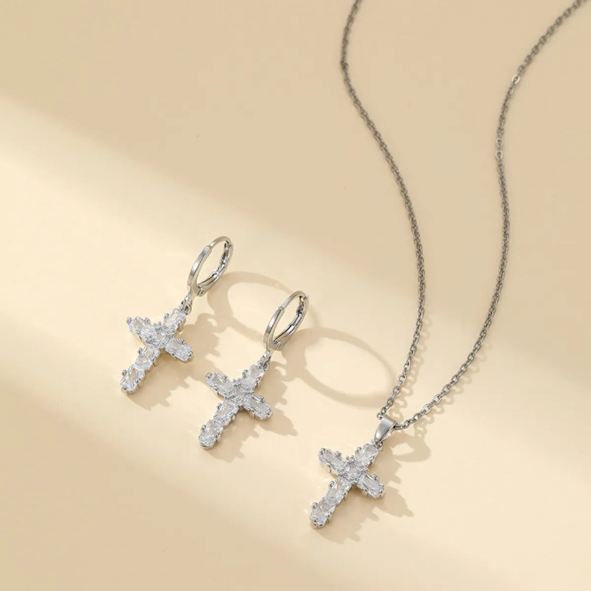 304 Stainless Steel Copper Gold Plated Luxurious Classic Style Inlay Cross Zircon Earrings Necklace Jewelry Set