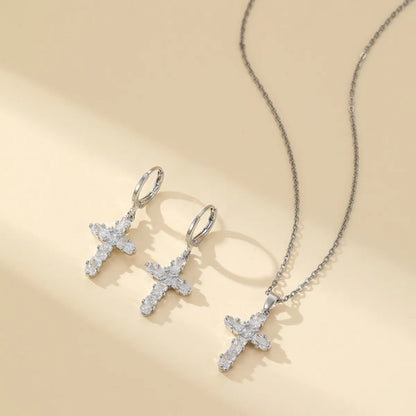 304 Stainless Steel Copper Gold Plated Luxurious Classic Style Inlay Cross Zircon Earrings Necklace Jewelry Set