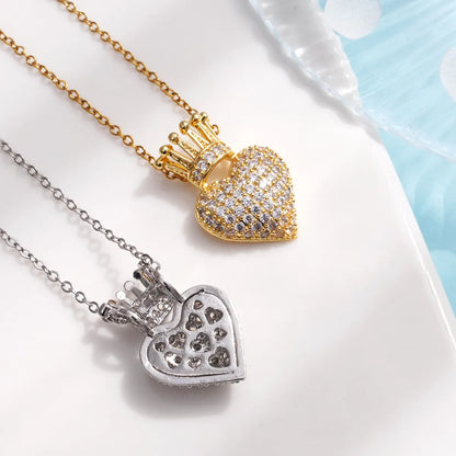 304 Stainless Steel Copper Inlay Heart Shape Crown Zircon Pendant Necklace