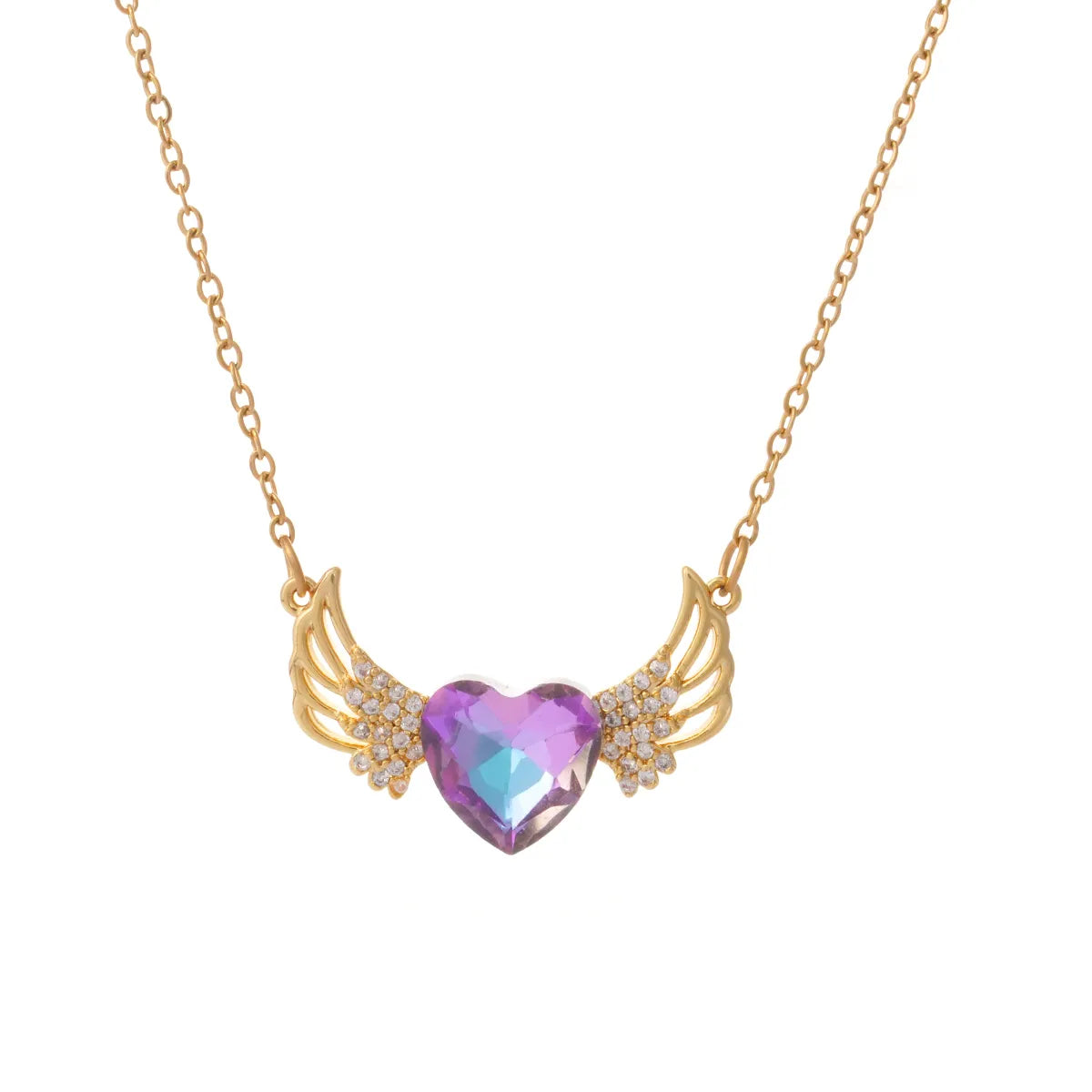 304 Stainless Steel Copper Inlay Heart Shape Wings Zircon Necklace