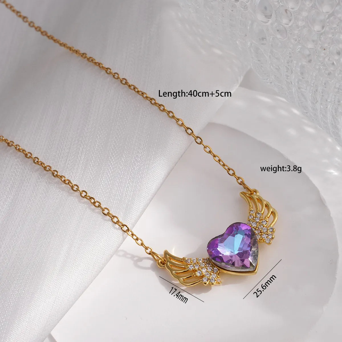 304 Stainless Steel Copper Inlay Heart Shape Wings Zircon Necklace