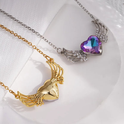 304 Stainless Steel Copper Inlay Heart Shape Wings Zircon Necklace