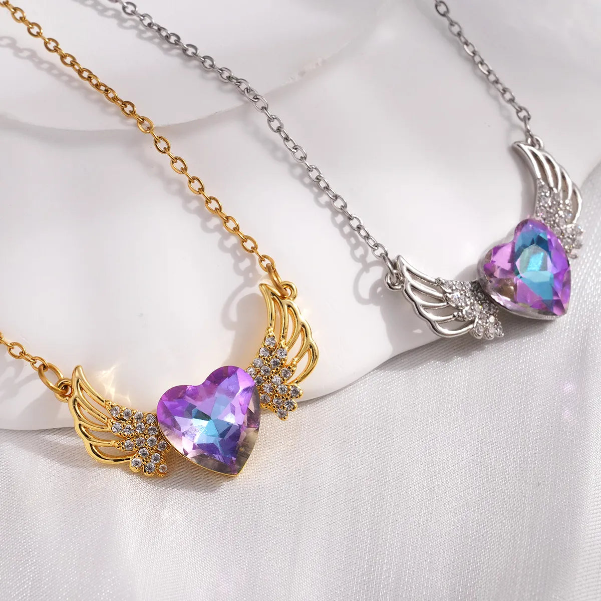 304 Stainless Steel Copper Inlay Heart Shape Wings Zircon Necklace